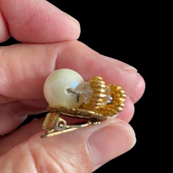 Vintage Retro Chunky Faux Pearl & Gold Tone Crystal Necklace Earrings Set 1950's - Picture 6 of 11